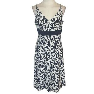 ANN TAYLOR Navy Blue White Floral 100% Silk Sleeveless Midi Dress Hawaiian Sz 4‎
